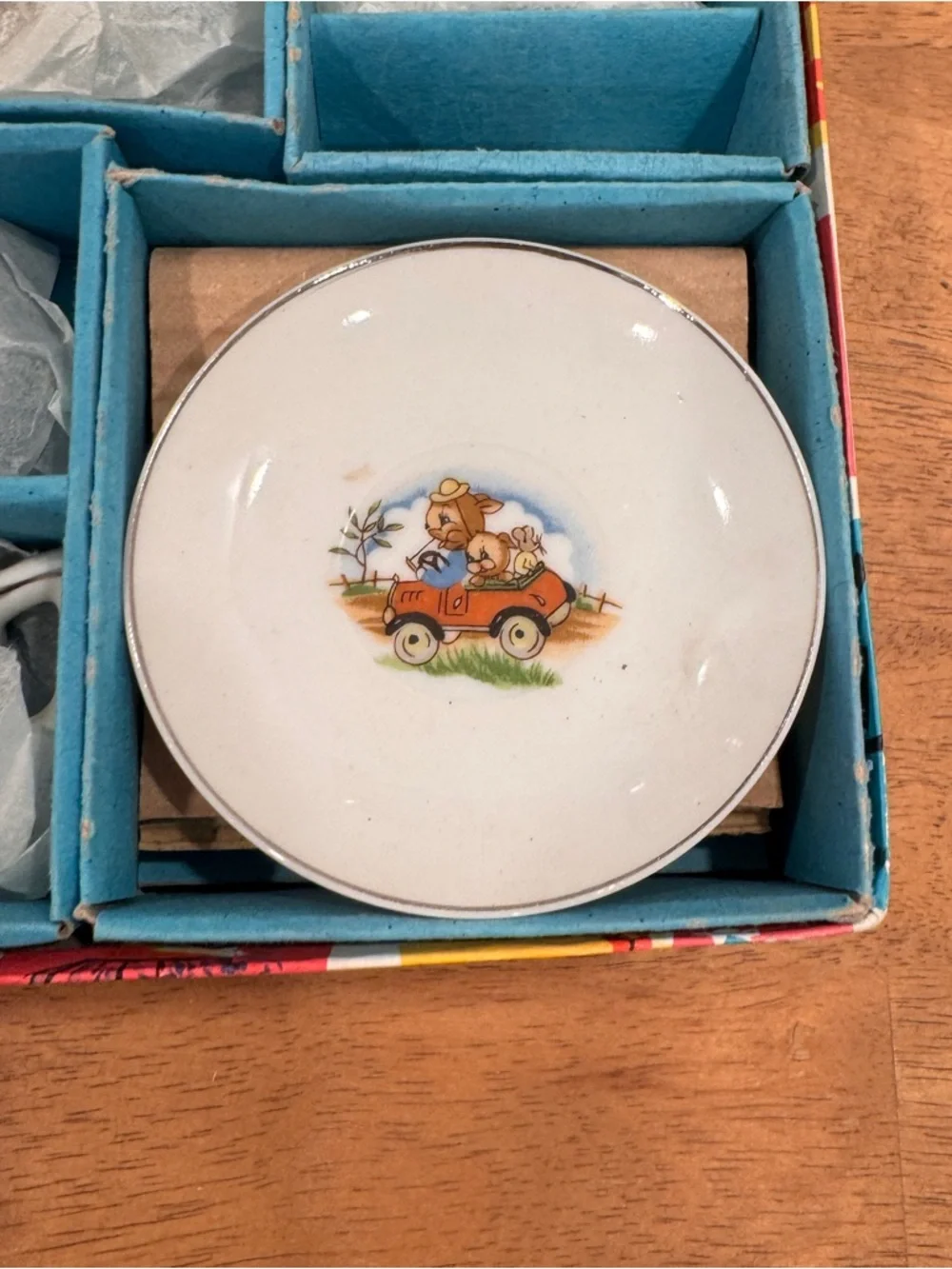 Vintage Children’s Ceramic Tea Set Bunny In A Racecar 13 Piece 1940s New Chip